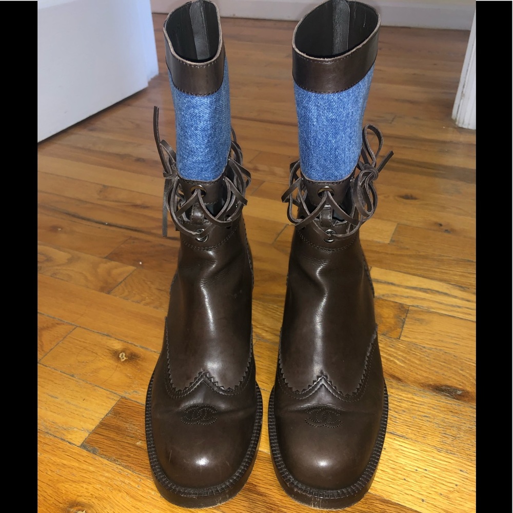 Chanel Calfskin Denim Lace Up Short Boots